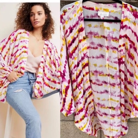 Anthropologie Pink and Yellow Kimono with Balloon Sleeves OS/Excellent condition - Picture 10 of 13